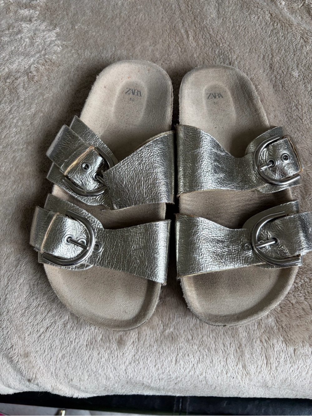 Zara Kids Shiny Silver Double-Buckle Slide Sandals